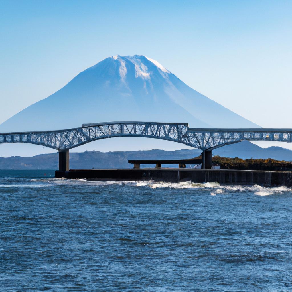 The Japan Eshima Ohashi Bridge offers a stunning view of Mount Daisen in the distance.