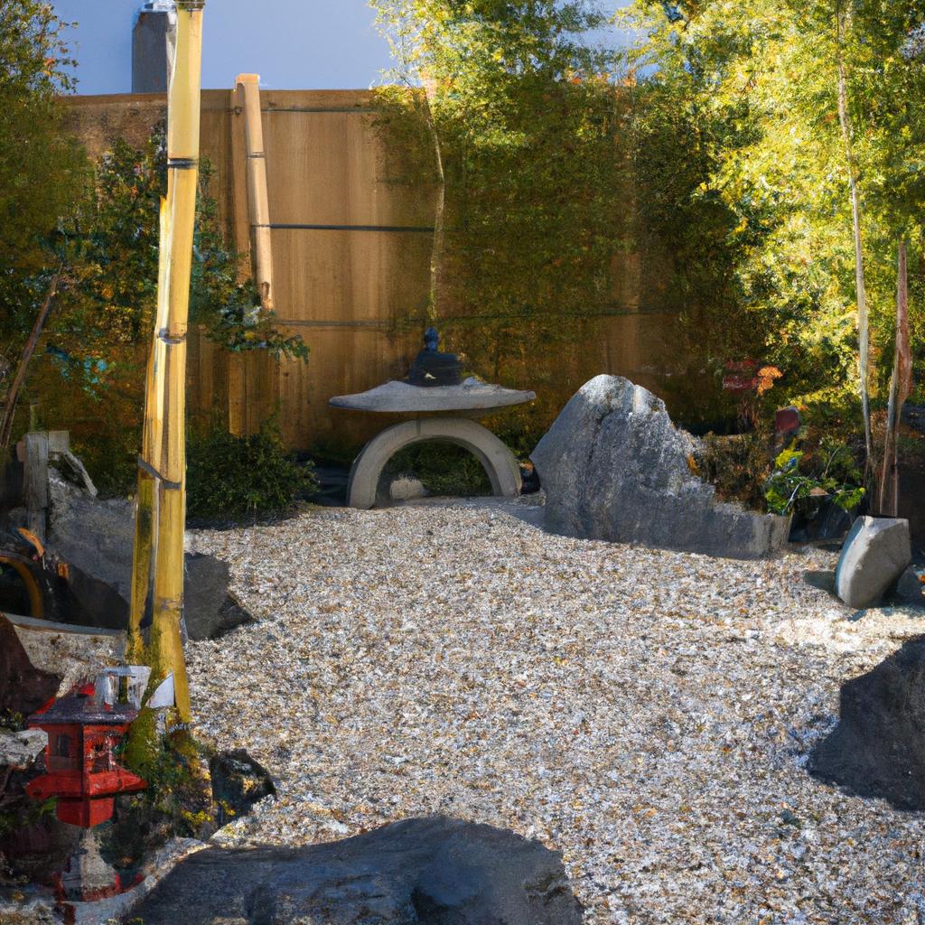 A Japanese garden with a tranquil zen garden and bamboo