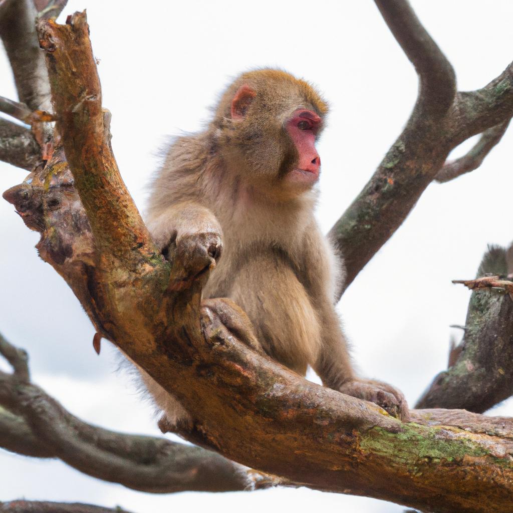 A Japanese macaque keeping watch from a tree branch at a monkey park in Japan