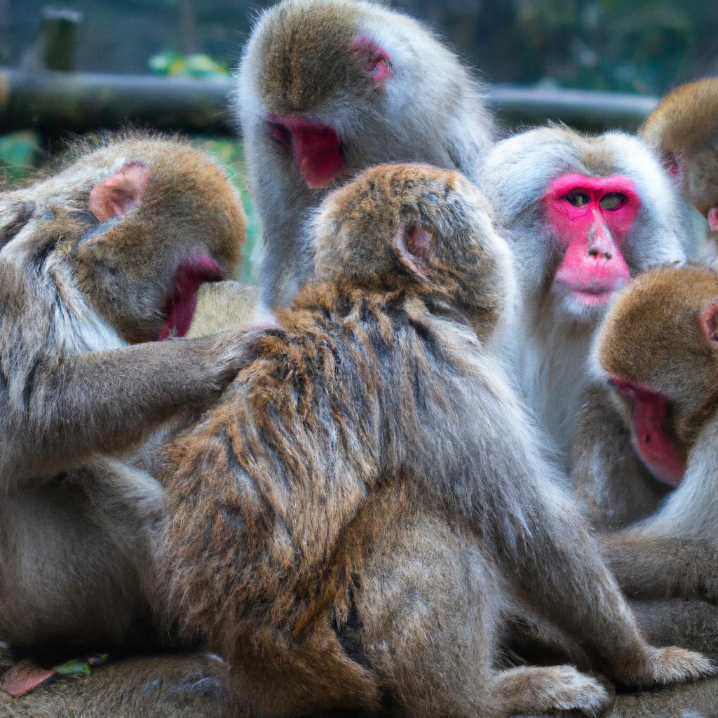 Japanese macaques bonding and grooming each other at a monkey park in Japan