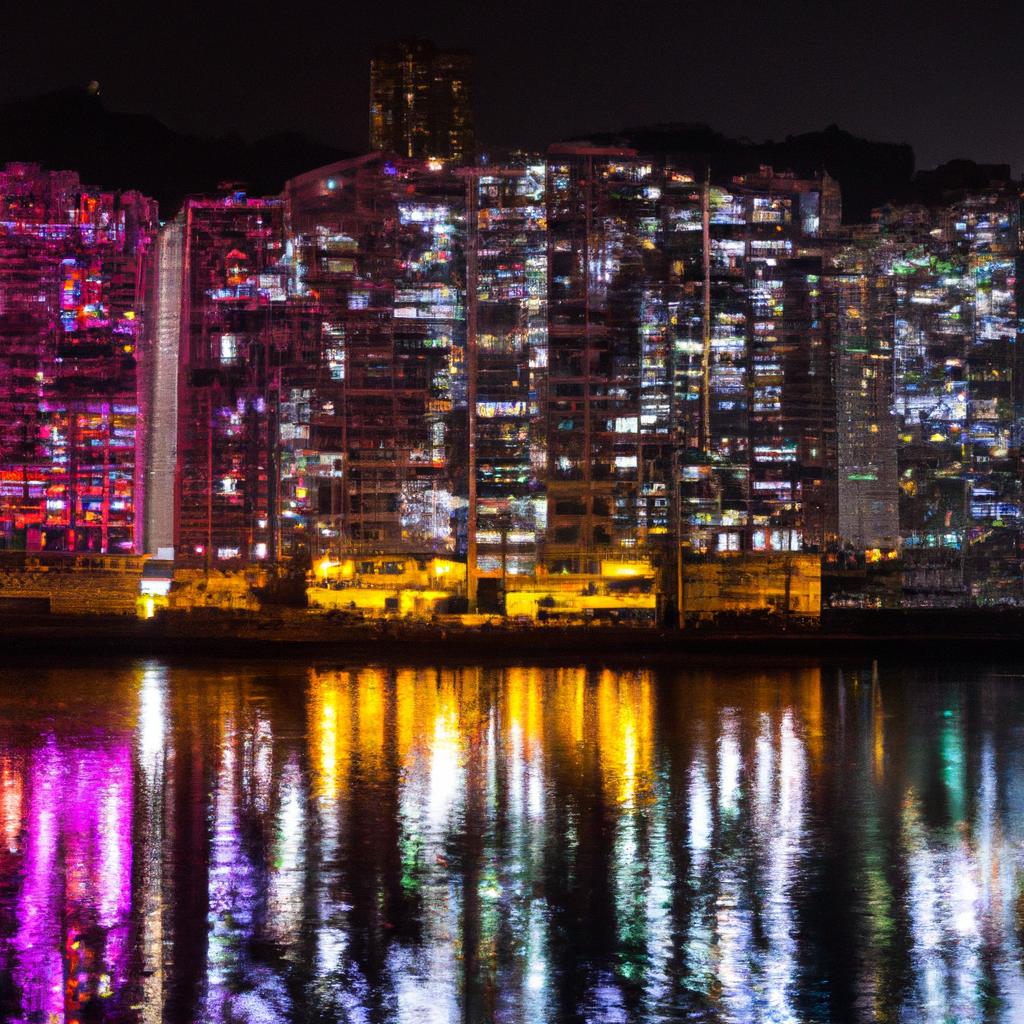 The Jumbo HK building shines brightly at night.
