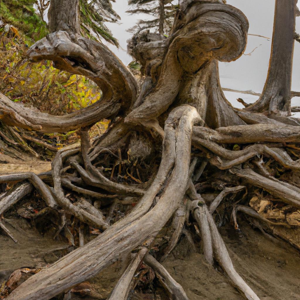 The intricate root system of the Kalaloch Beach Tree.