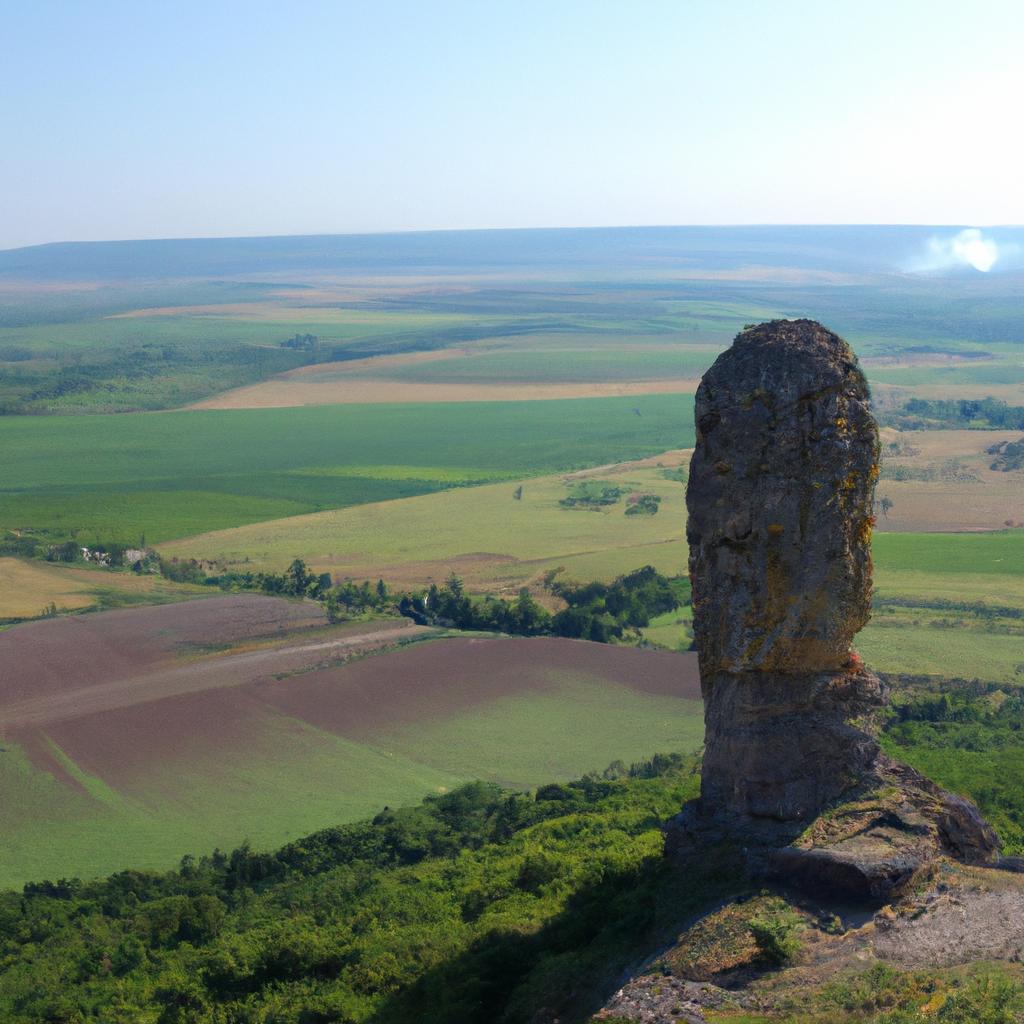 A bird's-eye view of Katskhi Pillar showcases the unique geological formation and its place in the surrounding countryside