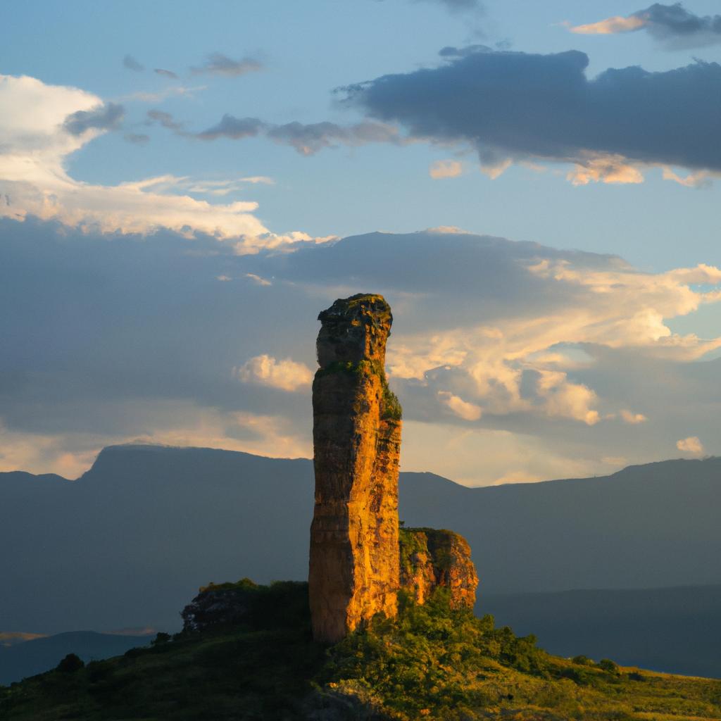 The golden hour light at sunset casts a warm glow on Katskhi Pillar, offering a stunning photo opportunity