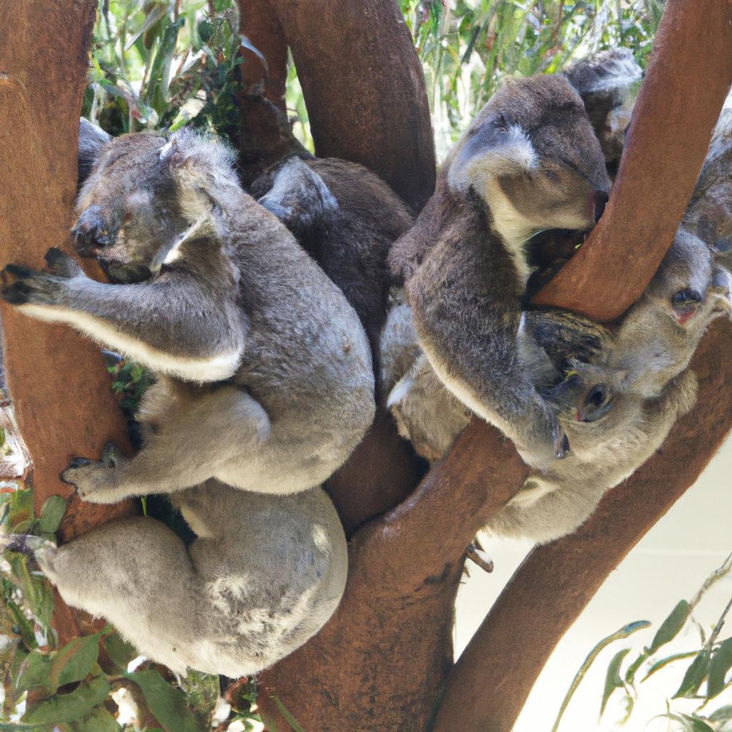 Koalas taking a nap on the eucalyptus tree in South Australia.