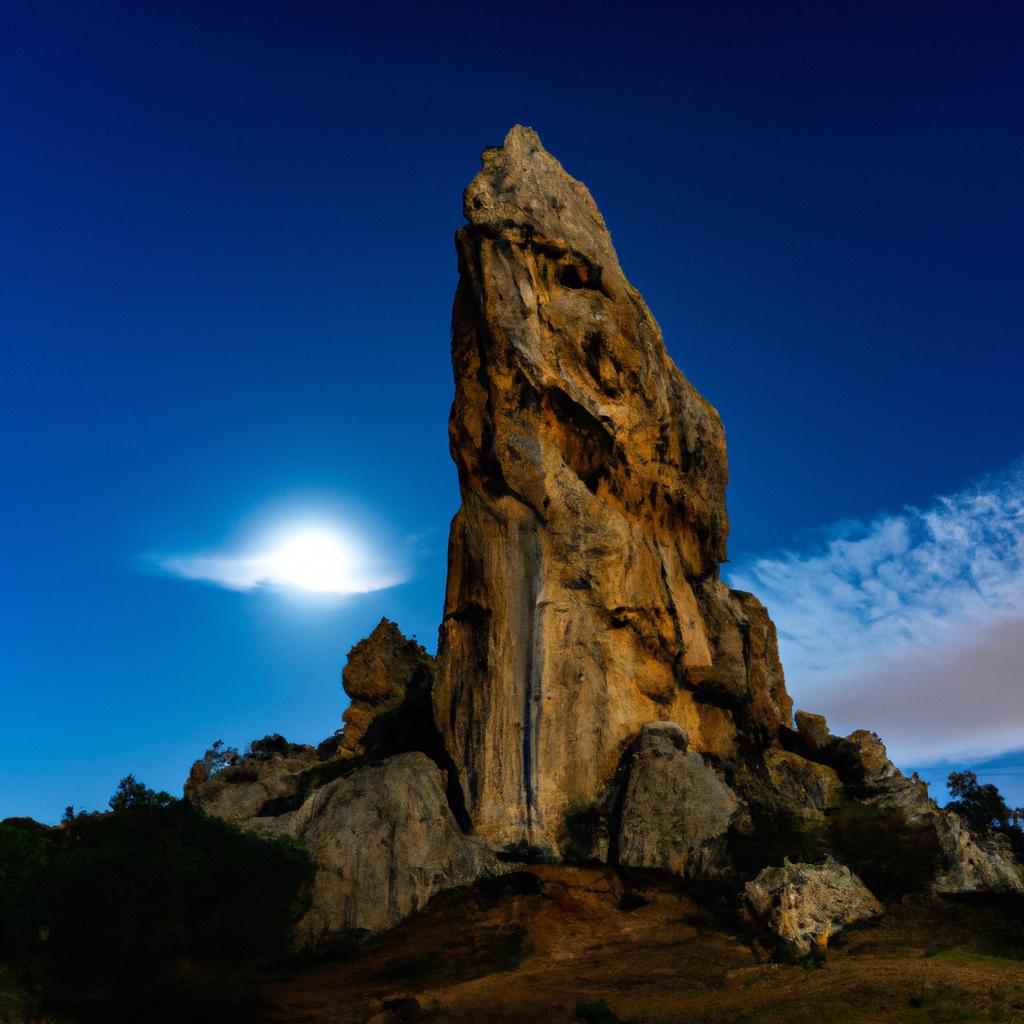 The moonlit view of La Piedra Peol is a sight to behold, adding to its already enchanting aura.