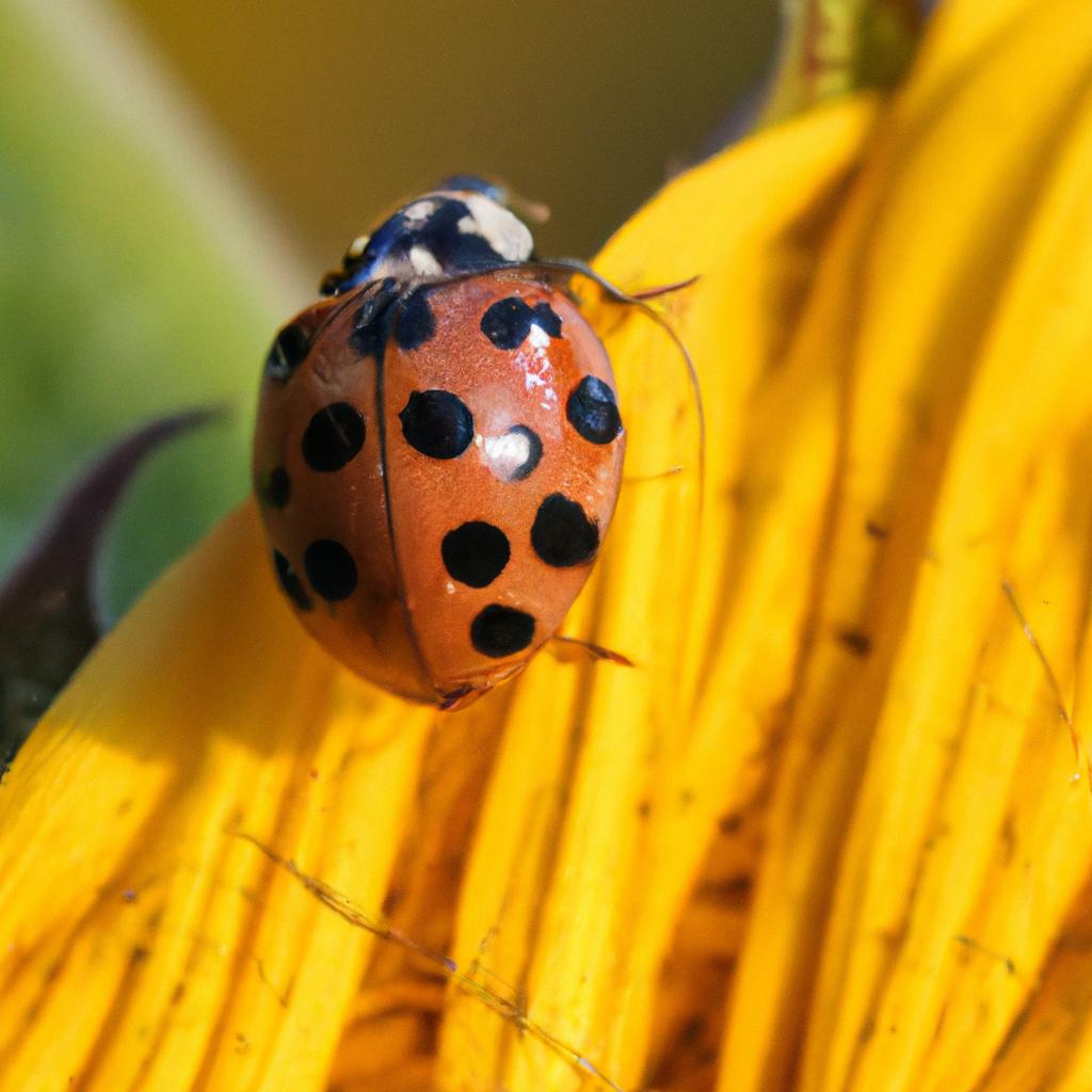 A spotted ladybug is perched on a yellow sunflower in a garden