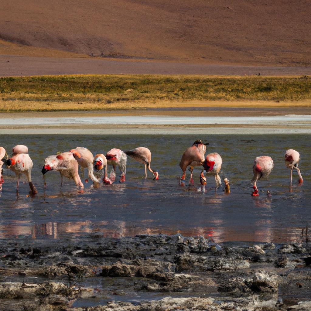 The shallow saltwater lagoon of Laguna Roja is a popular feeding ground for flamingos, which can often be seen flocking to the area in large numbers.