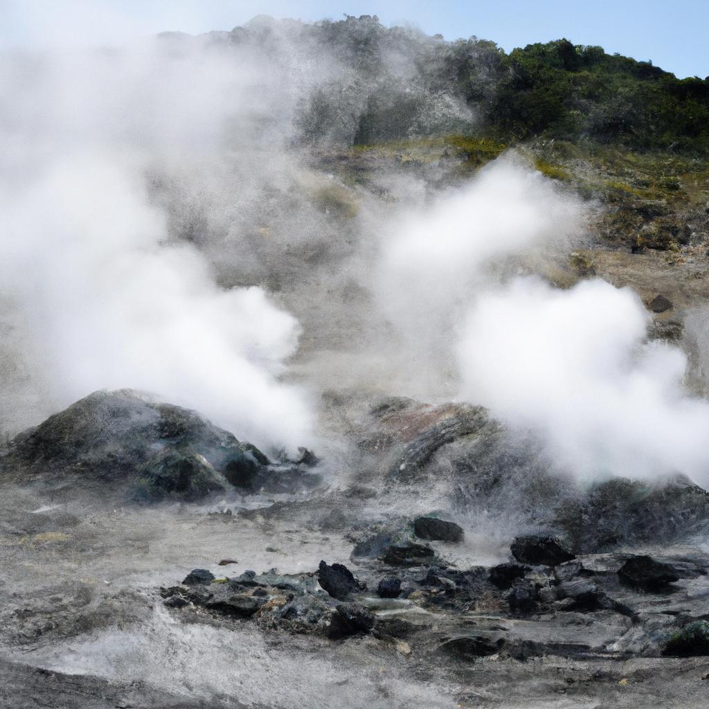 An otherworldly landscape of fumaroles created by volcanic activity with steam rising from the ground.