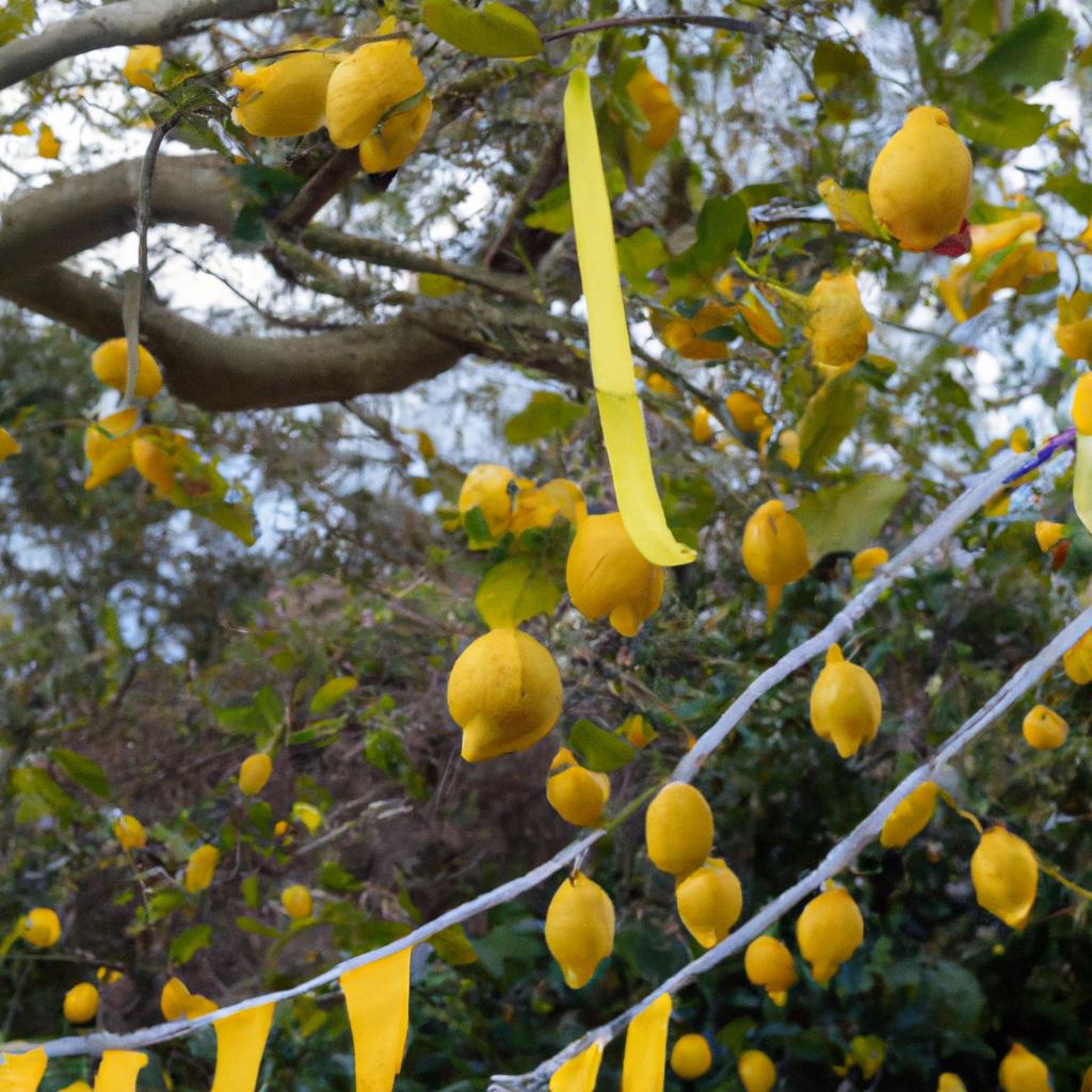 A beautiful lemon tree decorated with yellow bunting and lemons adds to the festive atmosphere of the Lemon Festival.