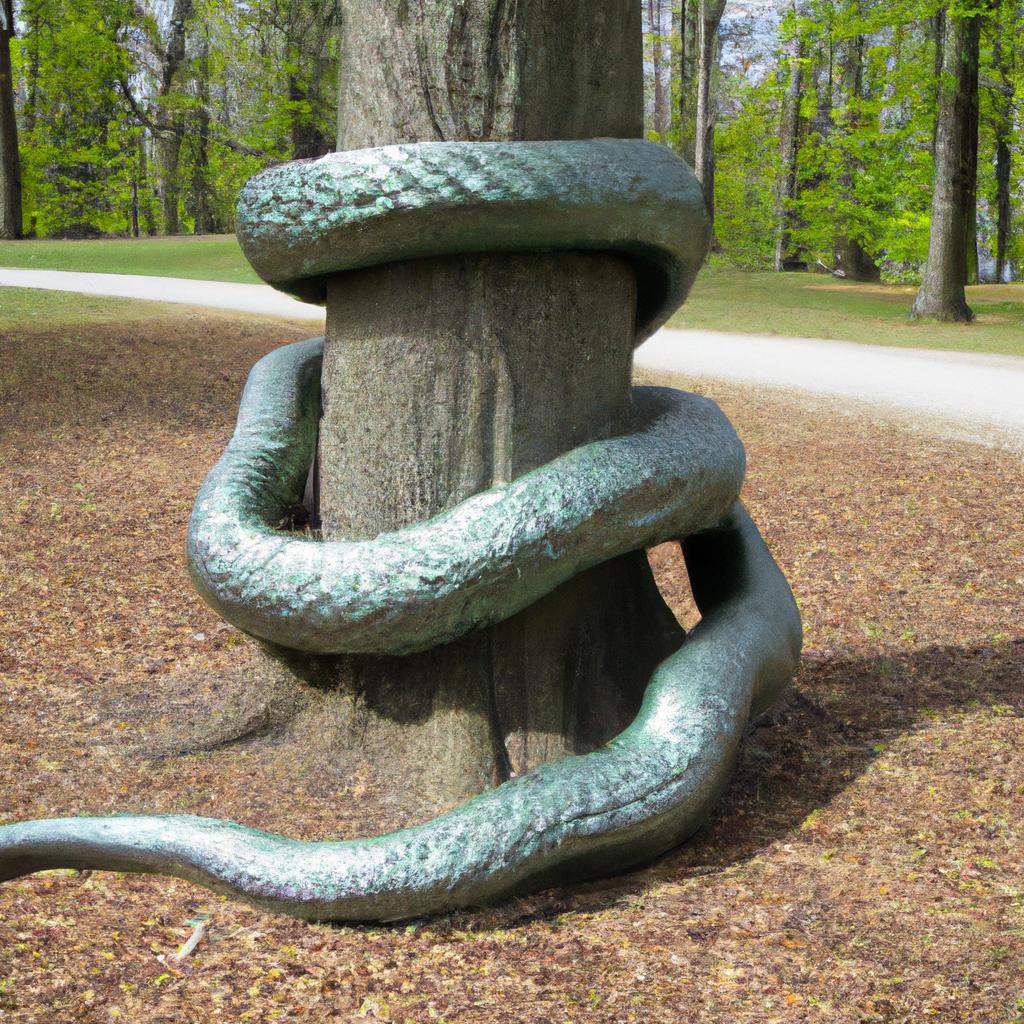 This impressive metal snake sculpture is a true masterpiece, skillfully designed to blend in with its natural surroundings.
