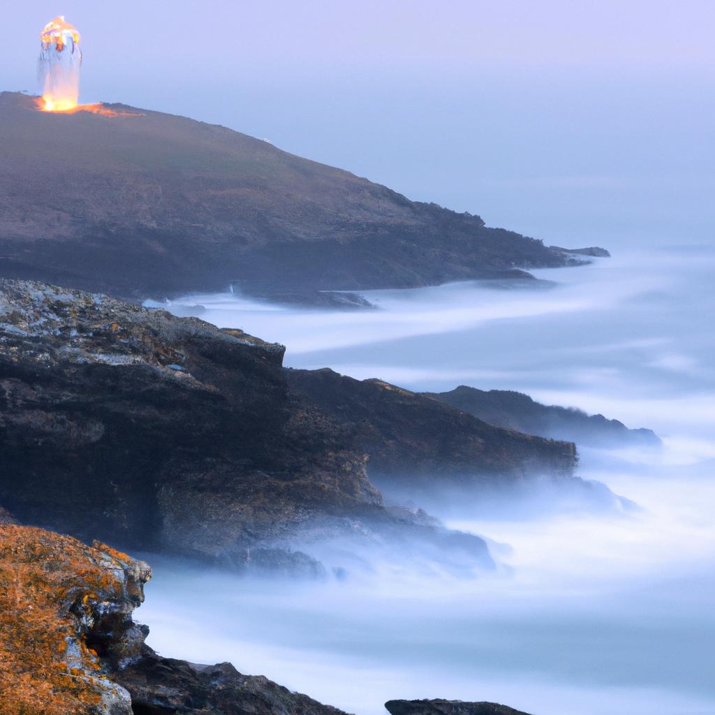As the sun sets over the Isle of Skye Lighthouse, its warm glow illuminates the misty sea and rugged cliffs, creating a truly magical atmosphere.