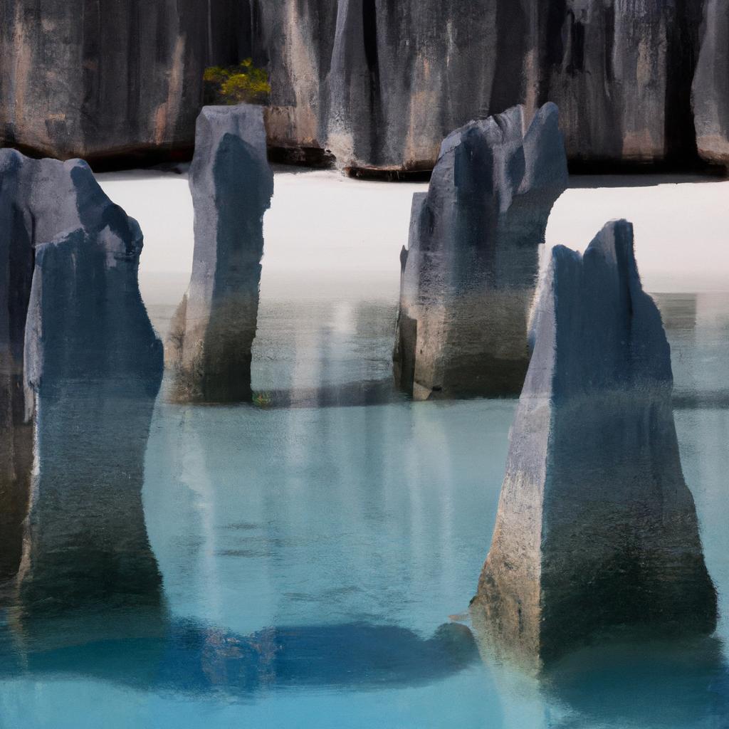 Limestone pillars rise from a shallow pool of crystal-clear water.