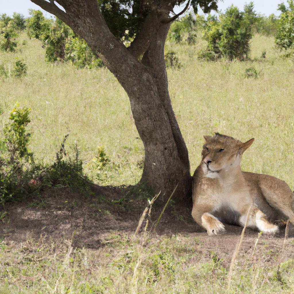A lioness taking a break from hunting and relaxing in the shade of a tree in Masai Mara National Reserve