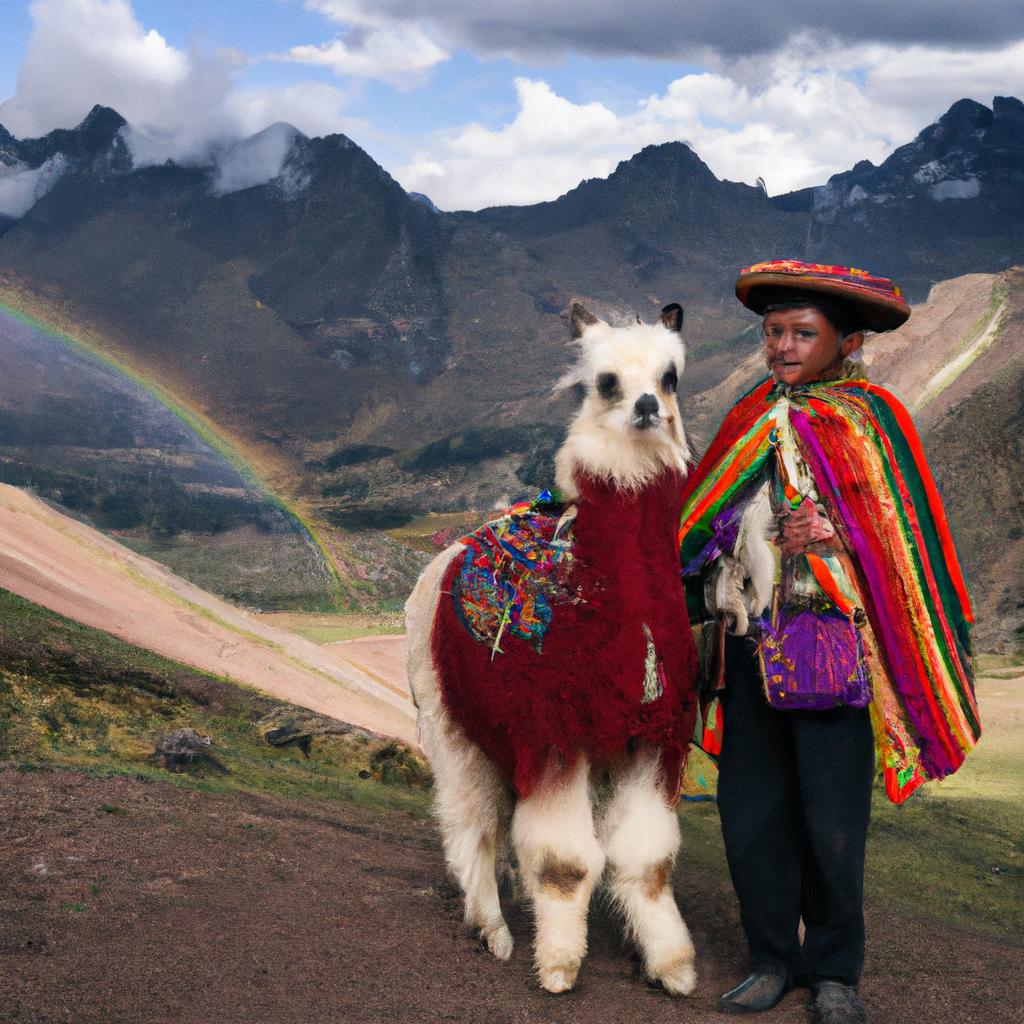 Local community members at the Rainbow Mountains in Peru offer llama rides to visitors.
