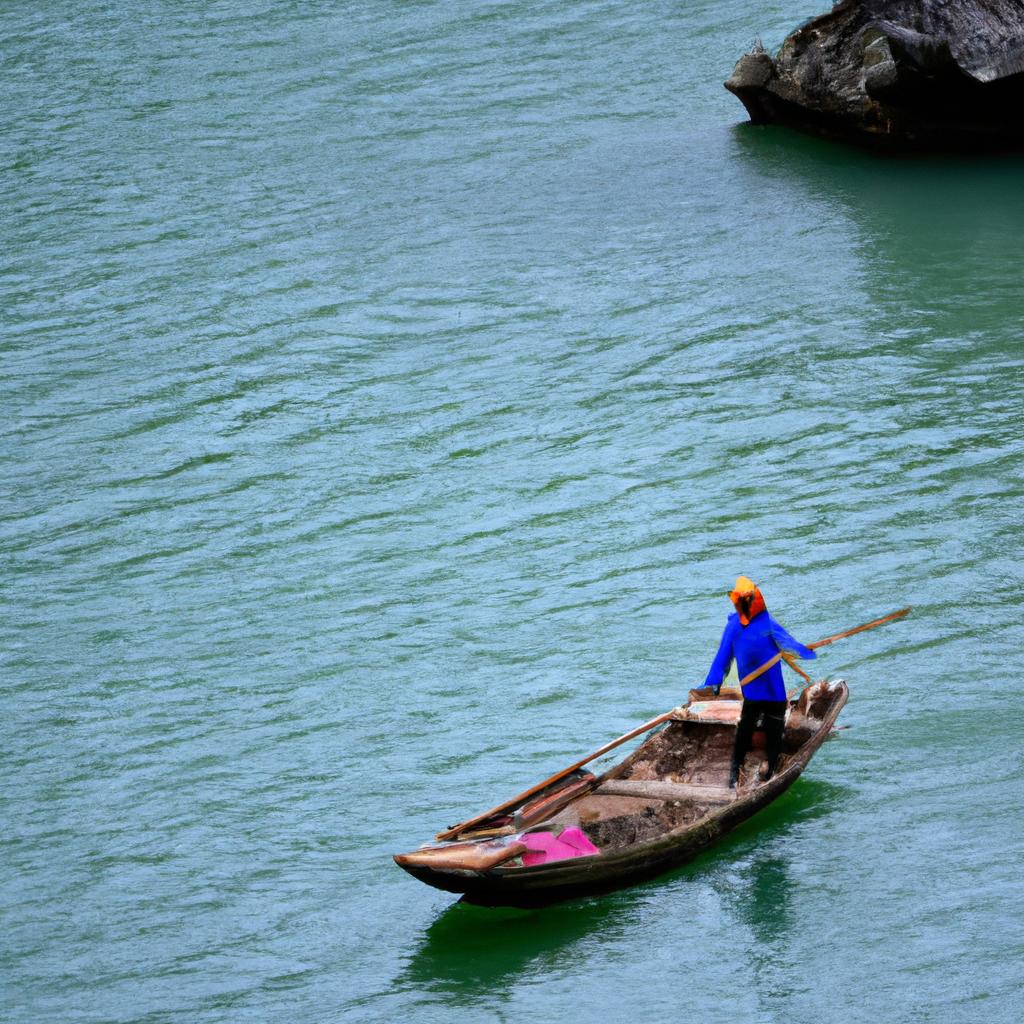 A local fisherman rowing his boat in the waters of Ha Long Bay