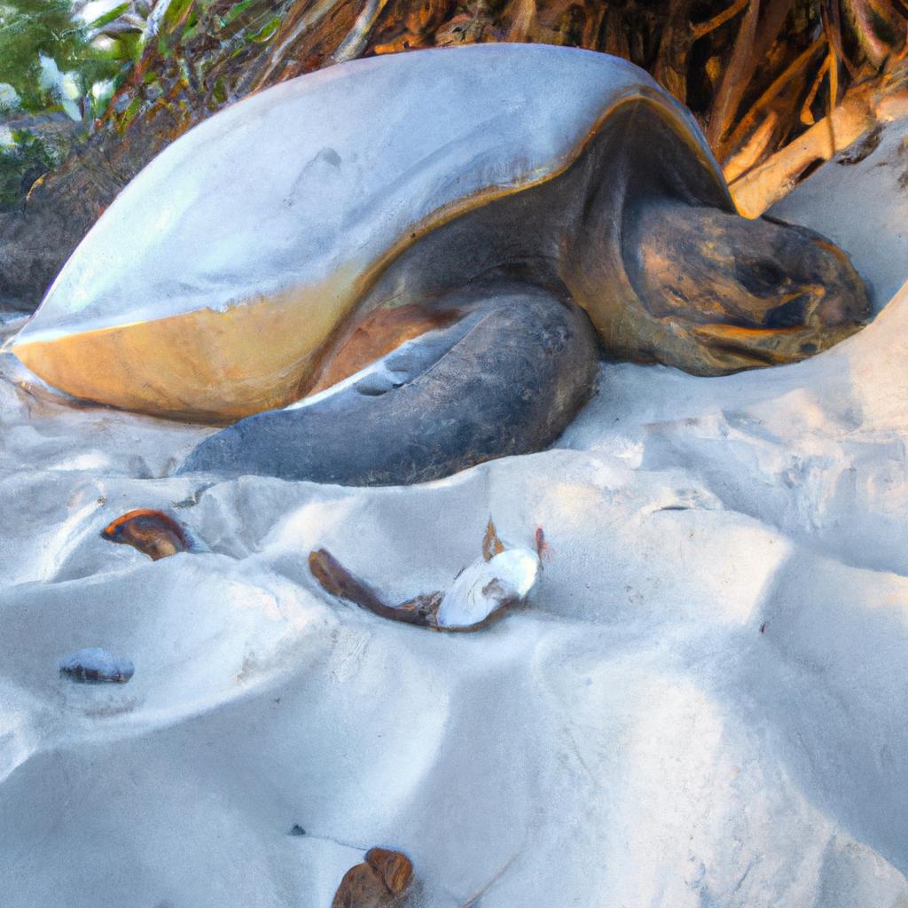 A rare glimpse of a Seychelles loggerhead turtle nesting on a secluded beach at night.