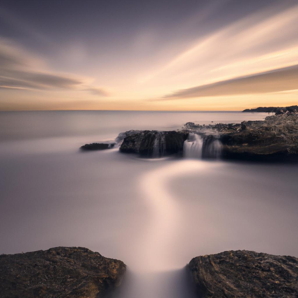 Experience the tranquil beauty of a sunset waterfall in the sea