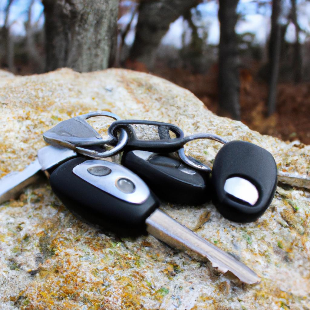 A lost set of car keys found on a trail