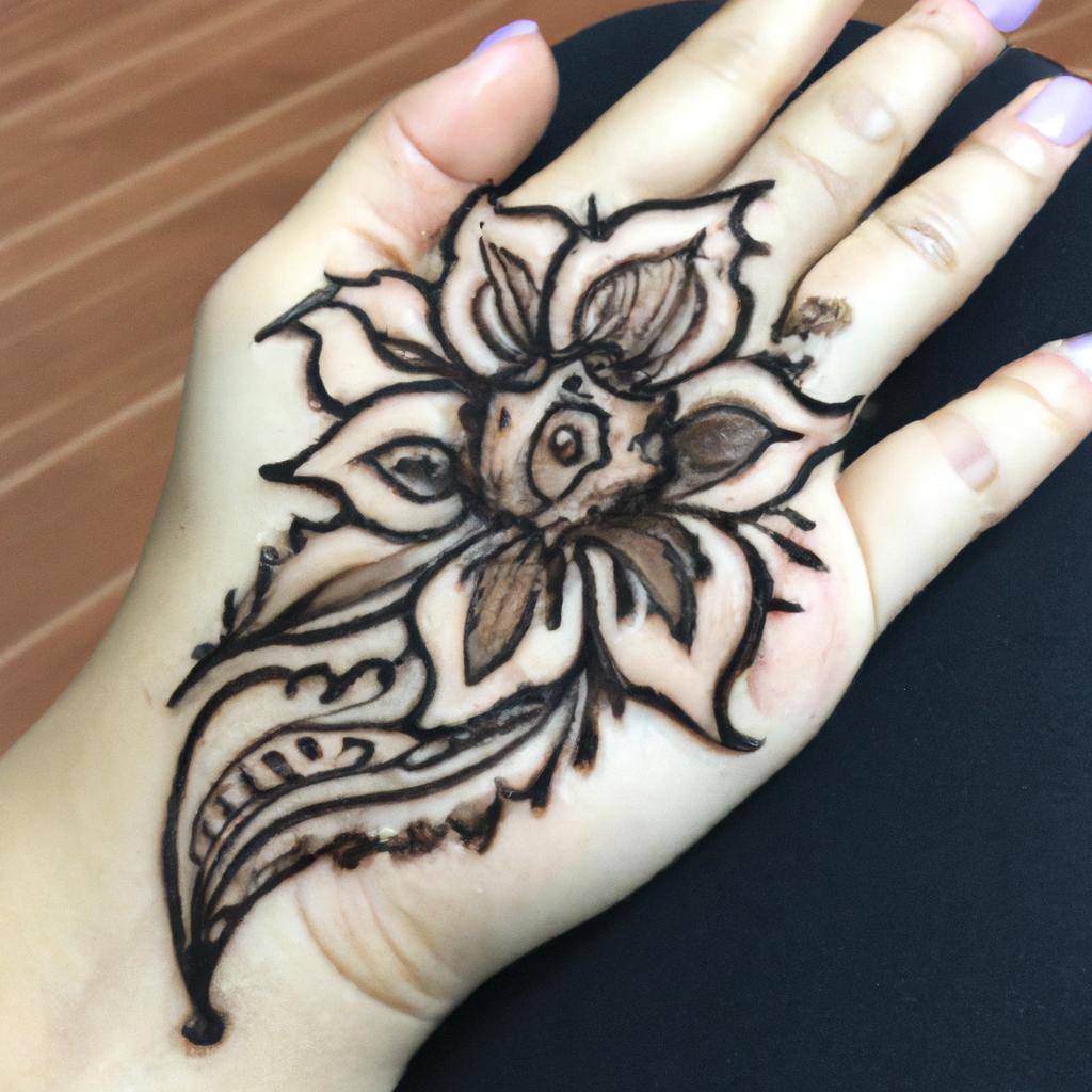 A beautiful henna tattoo featuring a lotus flower shape, symbolizing purity and enlightenment