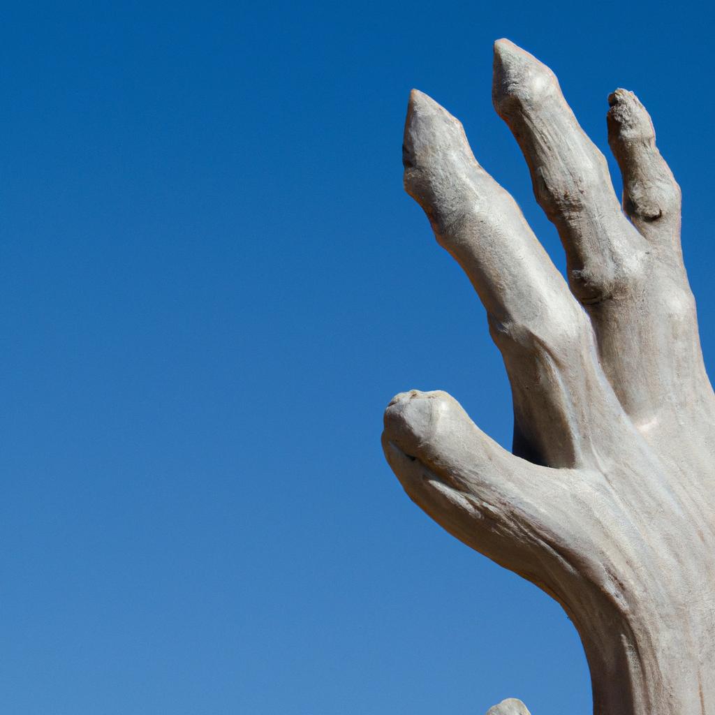 The Hand of the Desert sculpture looks majestic against the clear blue sky
