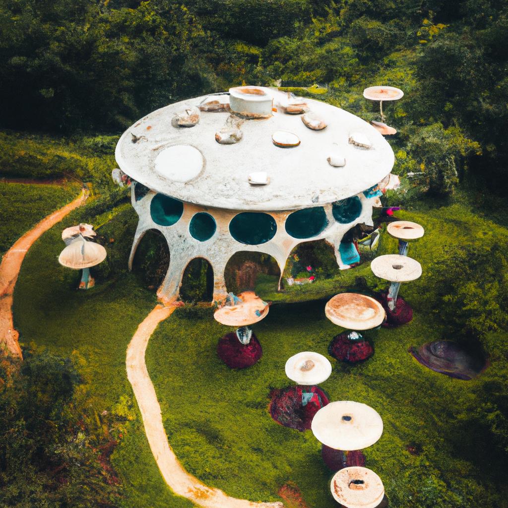 The magic mushroom house sits in the heart of nature, inviting visitors to experience its magic