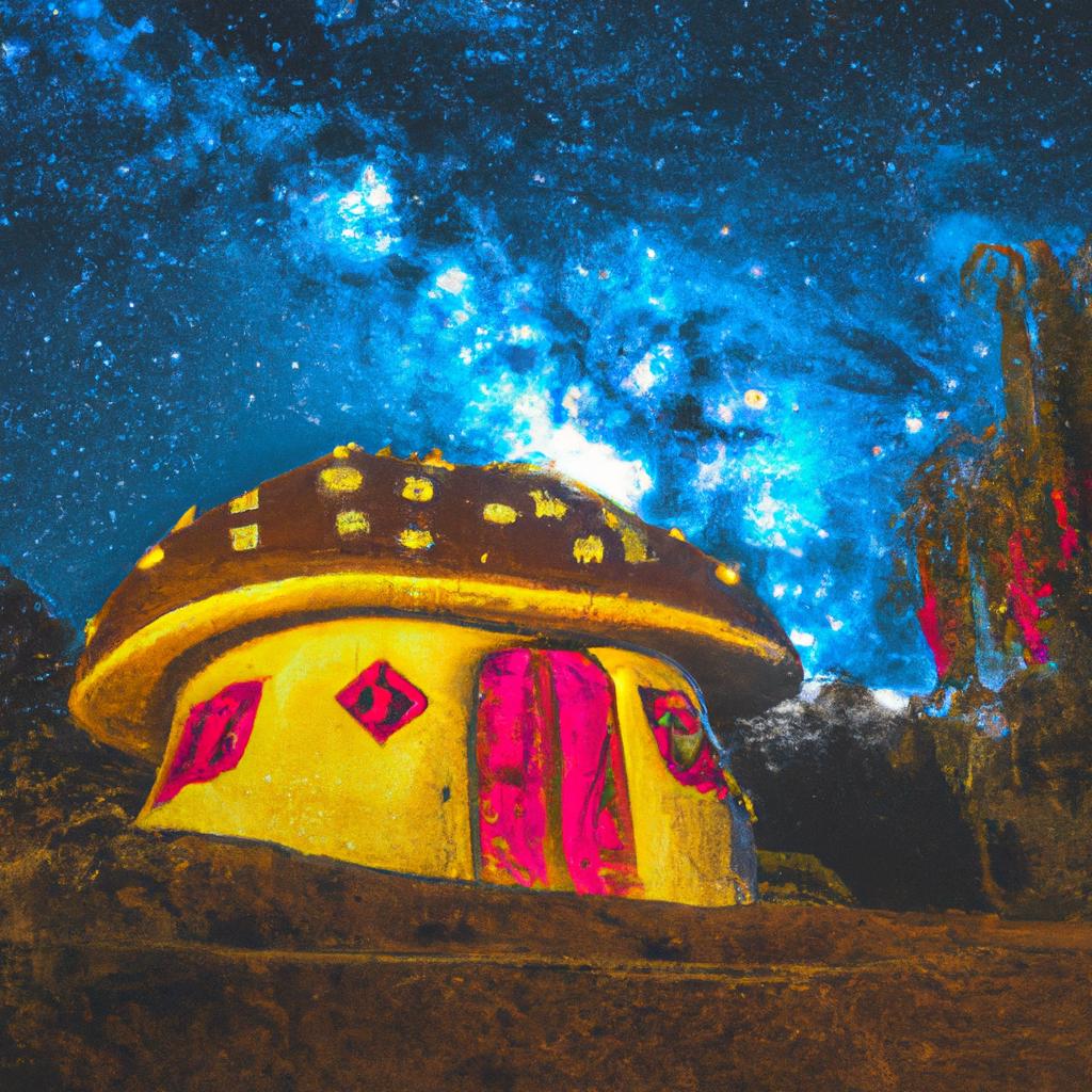 The magic mushroom house looks like a fairytale come to life under the starry sky