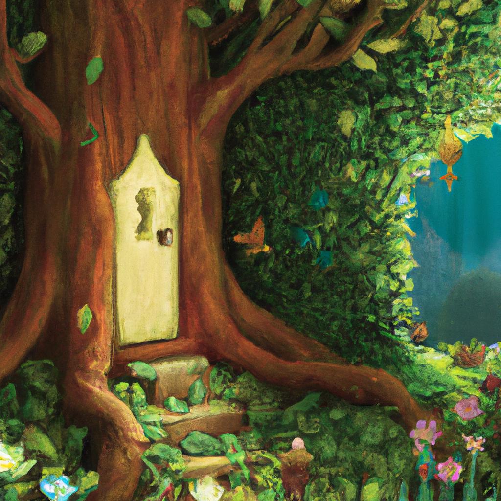 A magical garden with a talking tree and a hidden door.