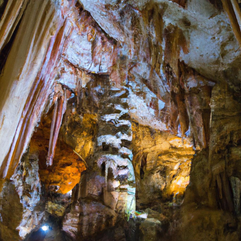 Stalactites and stalagmites adorn a majestic limestone cave.