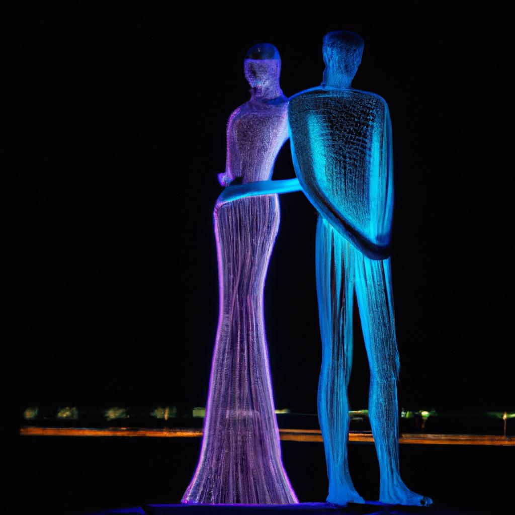 The Man and Woman Statue in Georgia lit up with neon lights at night