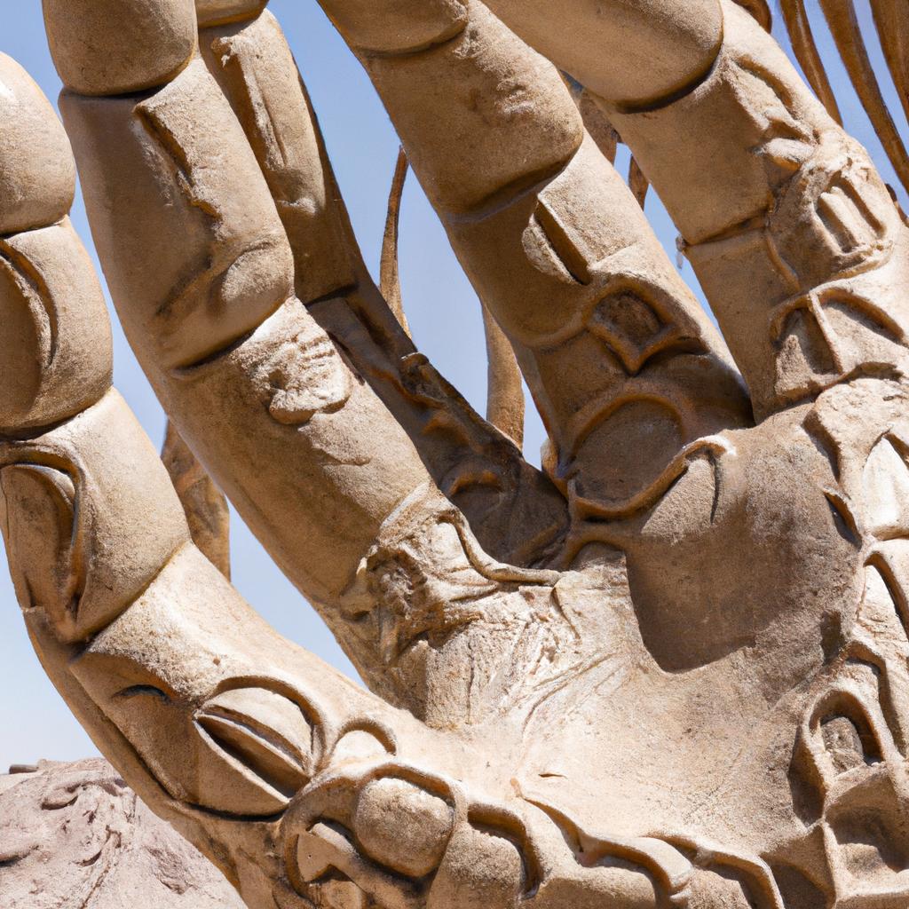 The hand sculpture of Mano de Desierto up close, showcasing its intricate details