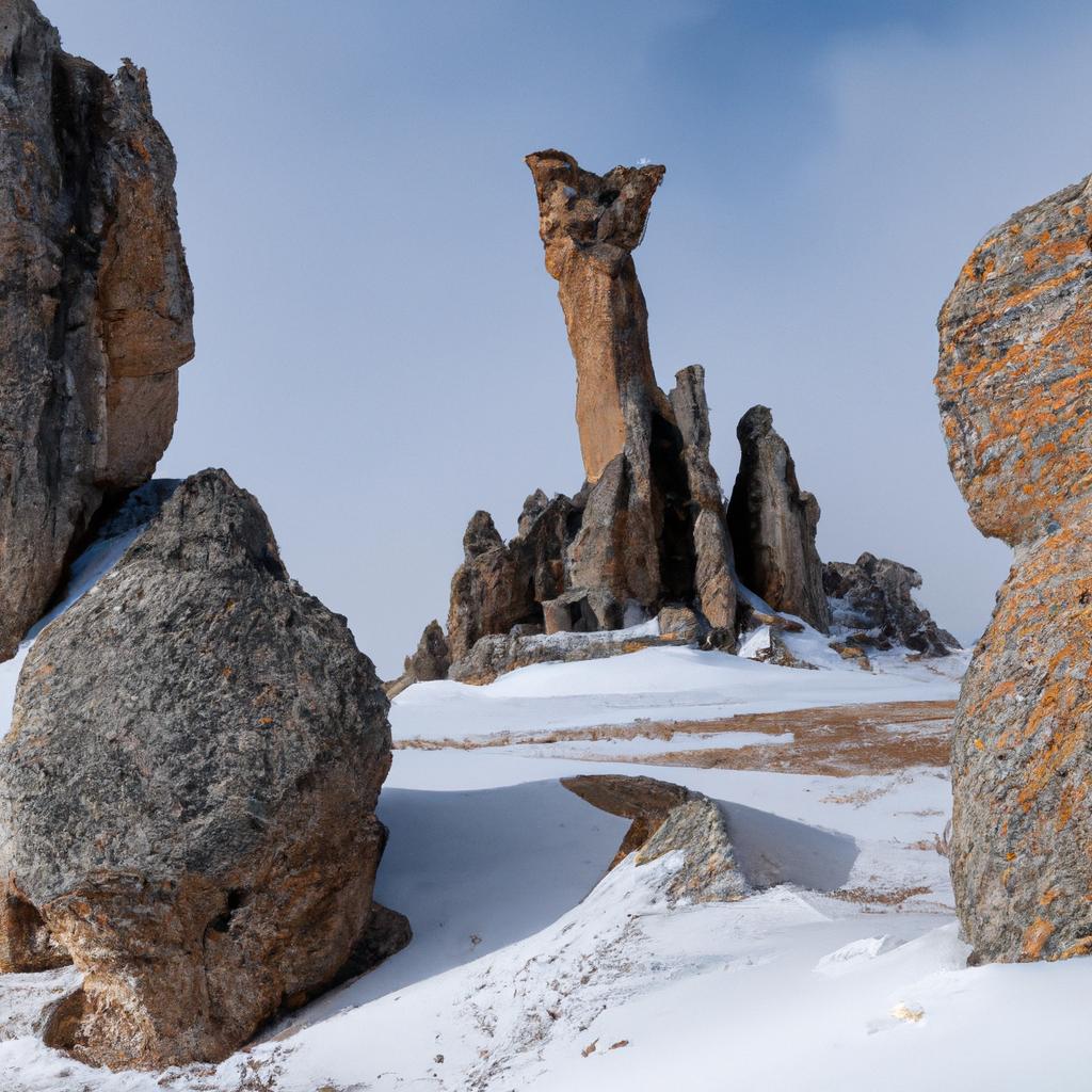 The magnificent Manpupuner rock formations in the winter wonderland