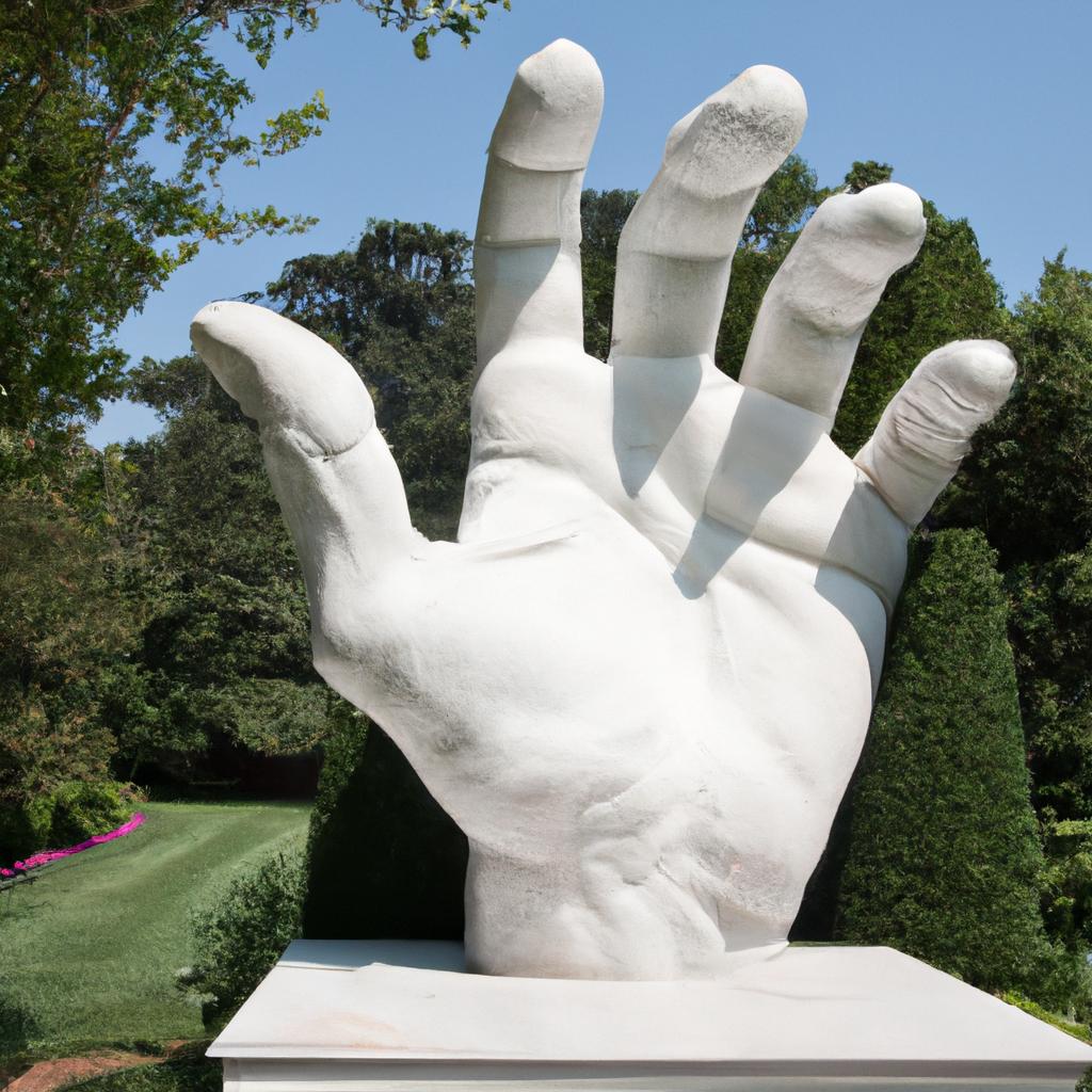 A lifelike marble hand sculpture adds elegance to a garden setting