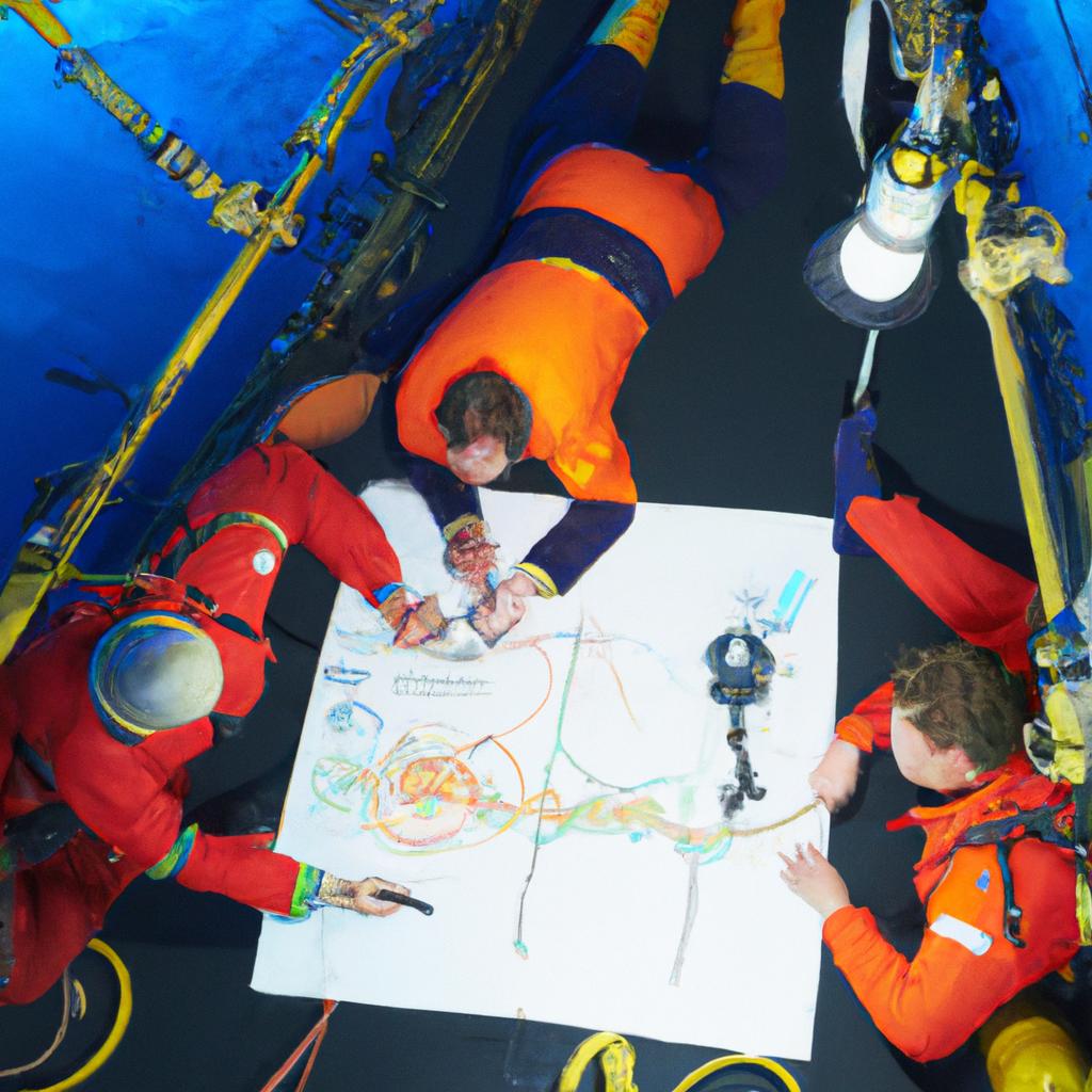 A team of marine researchers using submarine atlas to gather information on ocean currents and tides for their study.