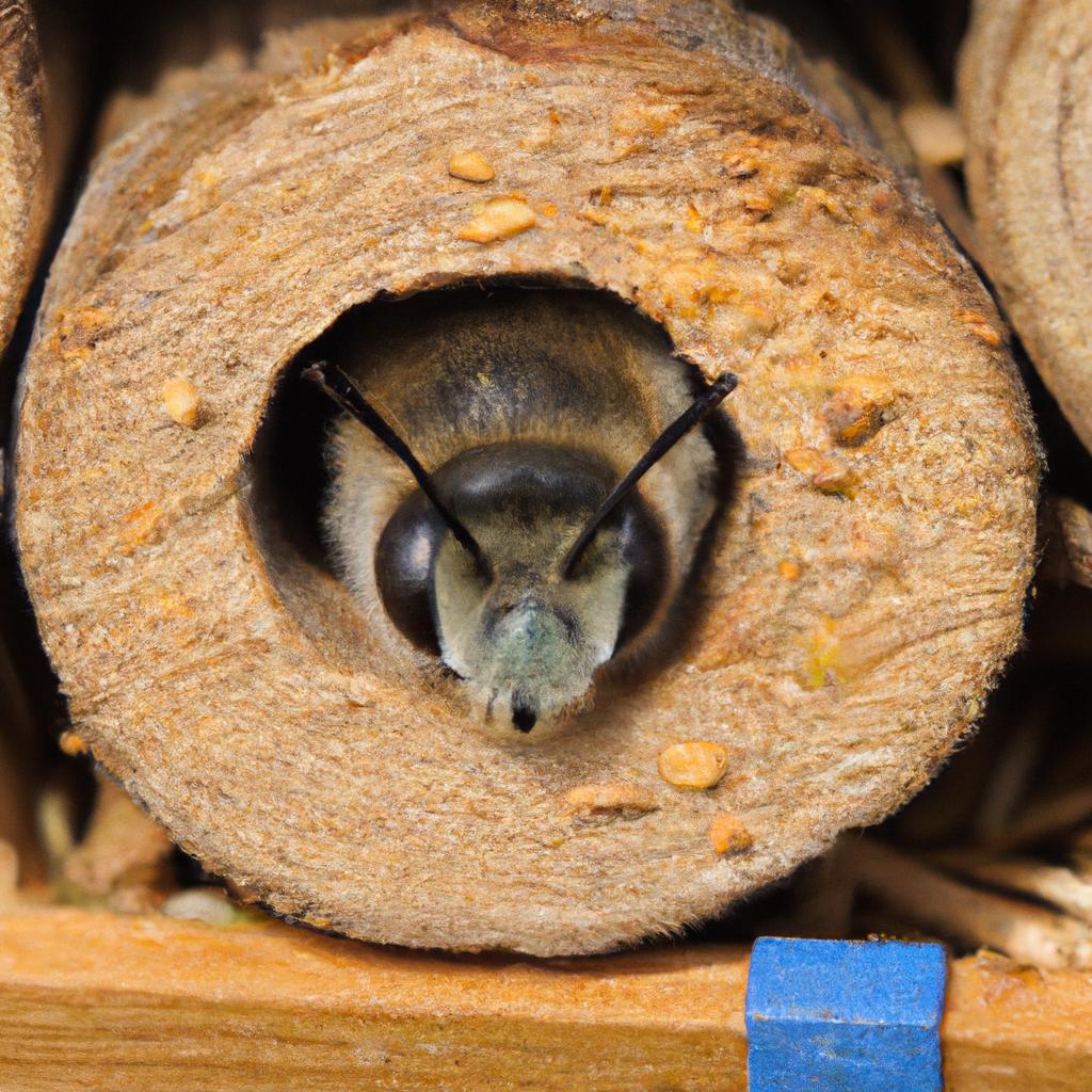 A mason bee constructing a nest in a bee house in a garden
