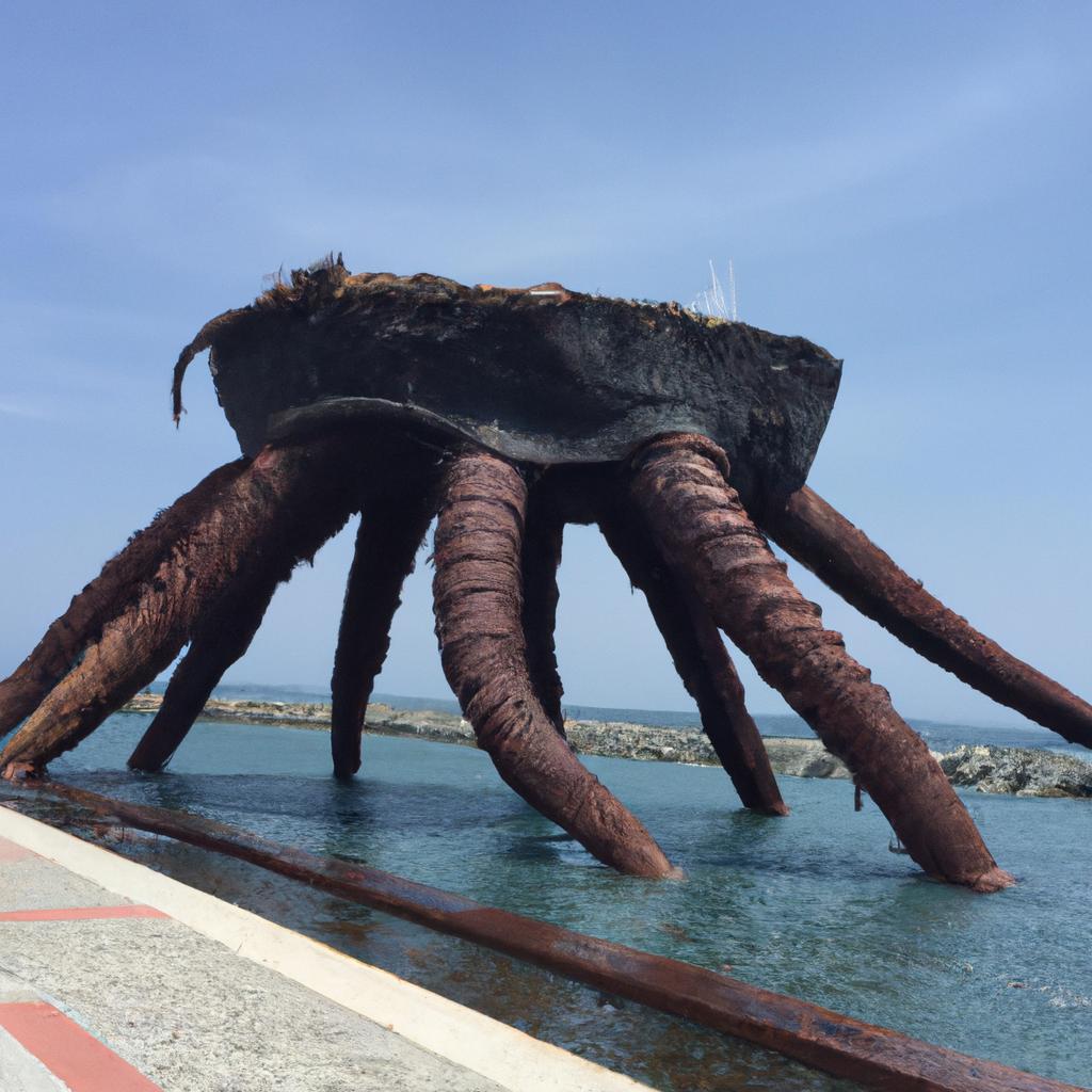 An impressive sea creature statue emerging from the water