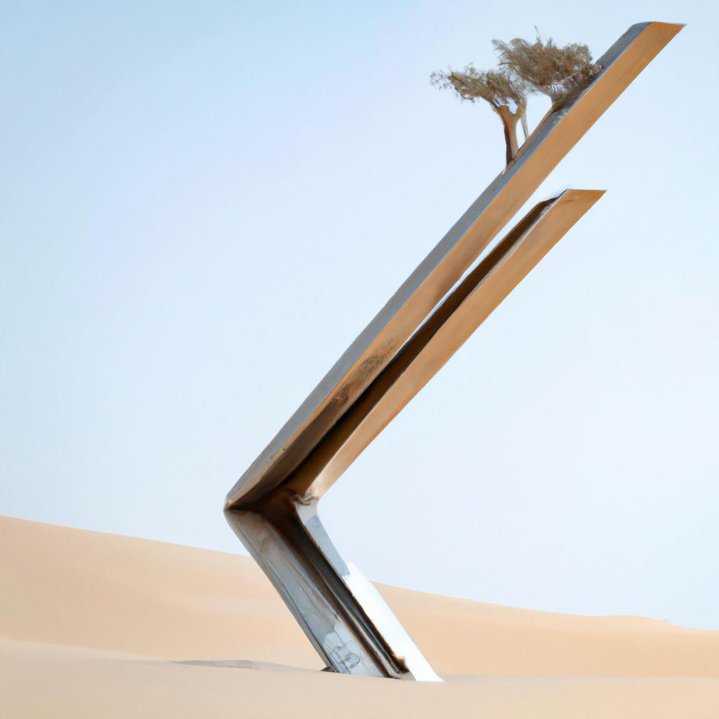 A metallic sculpture emerges from the desert, reflecting the sun's rays