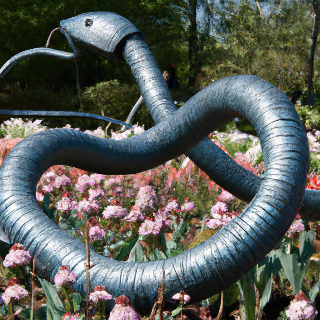 The contrast between the metal snake sculpture and the delicate flowers creates a stunning visual