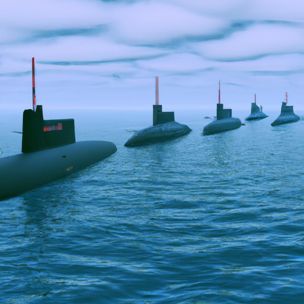 A group of military submarines using submarine atlas to plan their strategic moves during warfare.