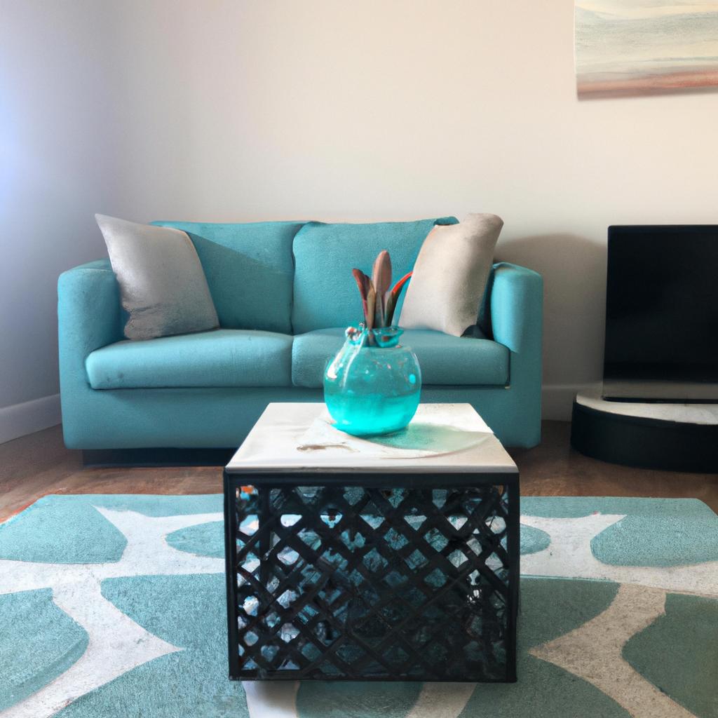 The subtle azul agua accents in this minimalist living room add a pop of color without overwhelming the space.