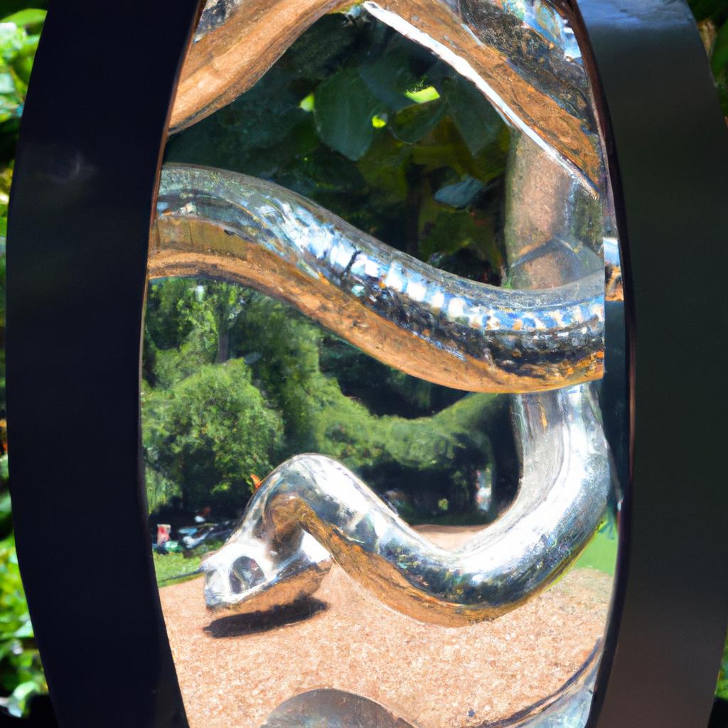 This reflective metal snake sculpture creates a mesmerizing effect, capturing the beauty of its surroundings in a unique way.