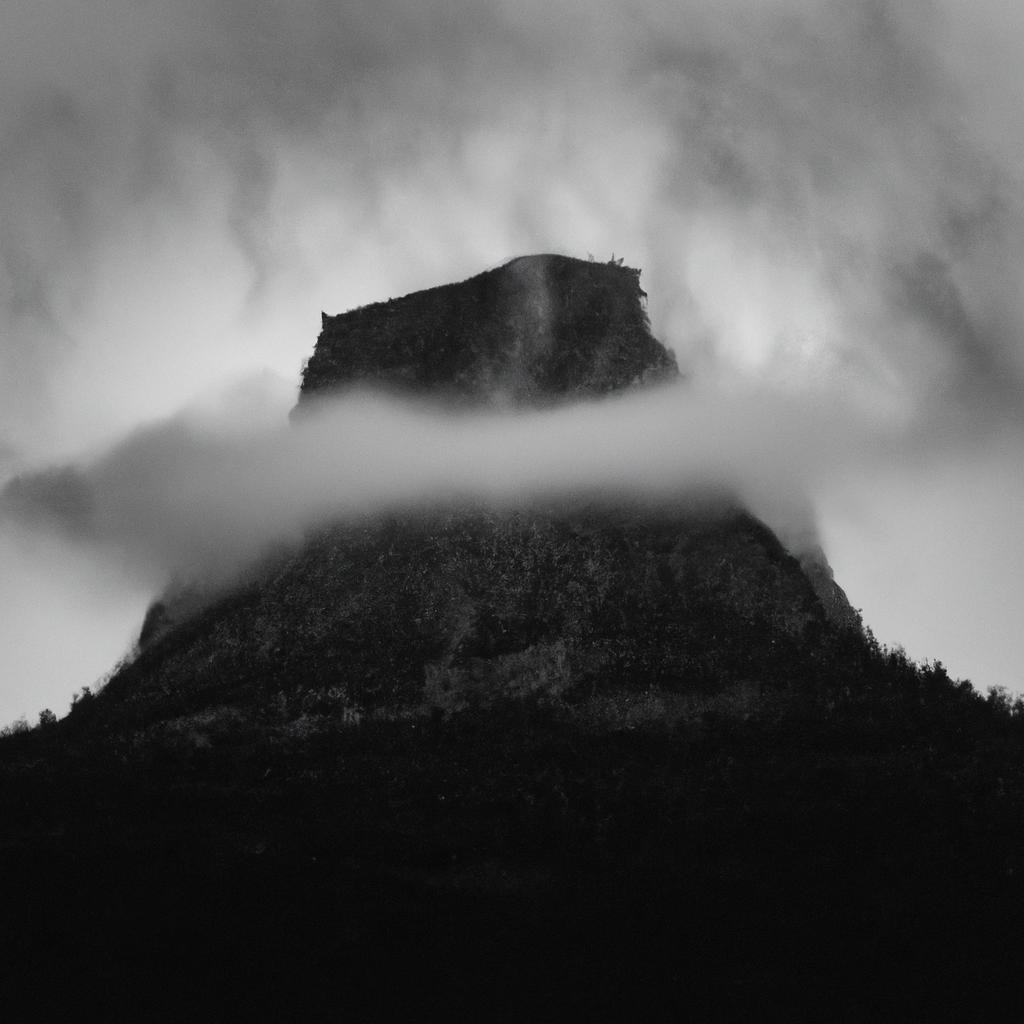 The mystical allure of the mist-shrouded giant-like peak