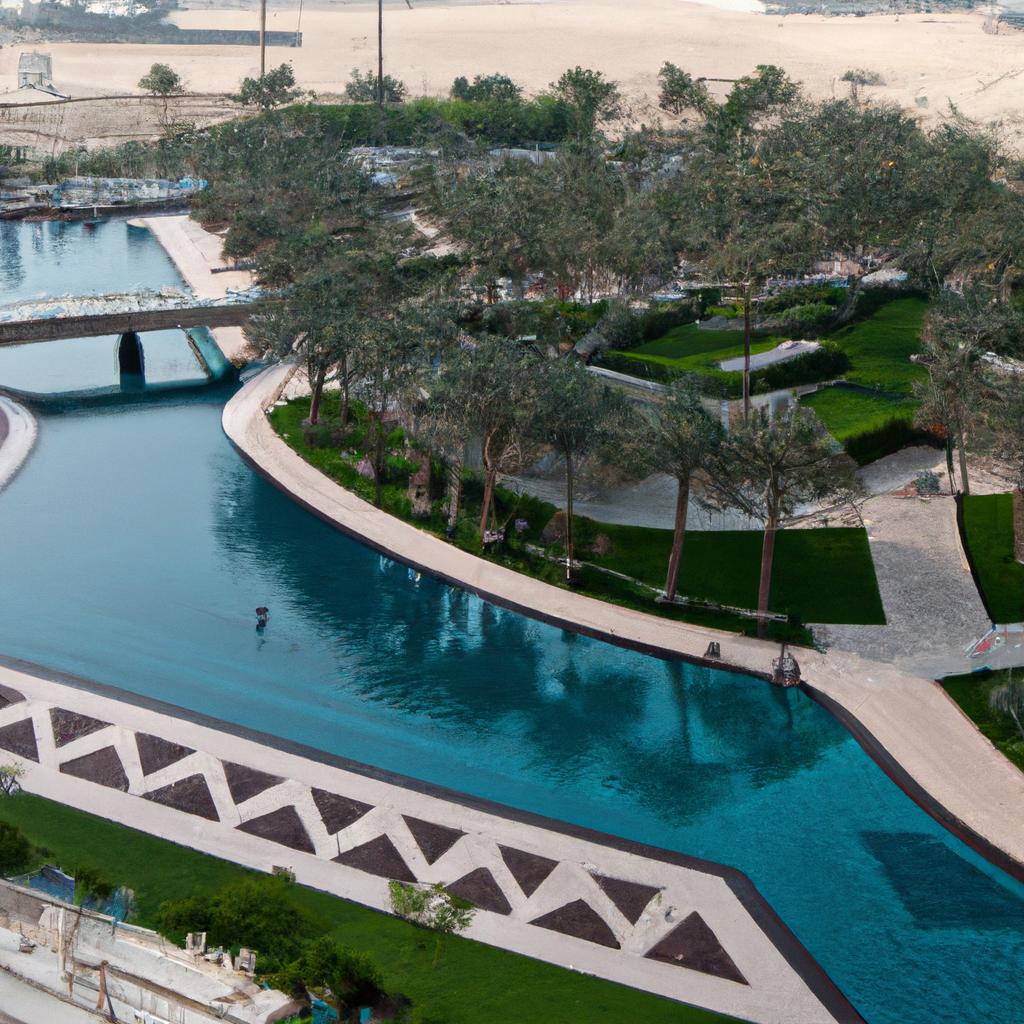 The world's largest hotel pool boasts a modern and elegant design with a stunning water feature