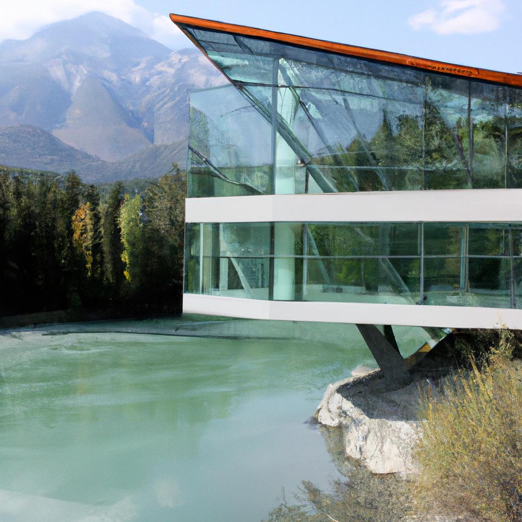 This contemporary house offers breathtaking views of the river and mountains.