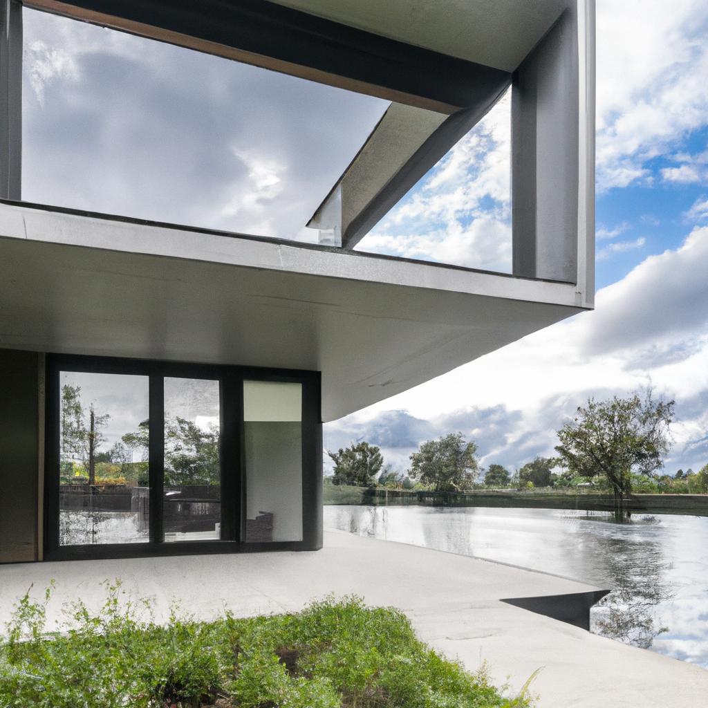 A contemporary house with a minimalist design and sweeping views of the river