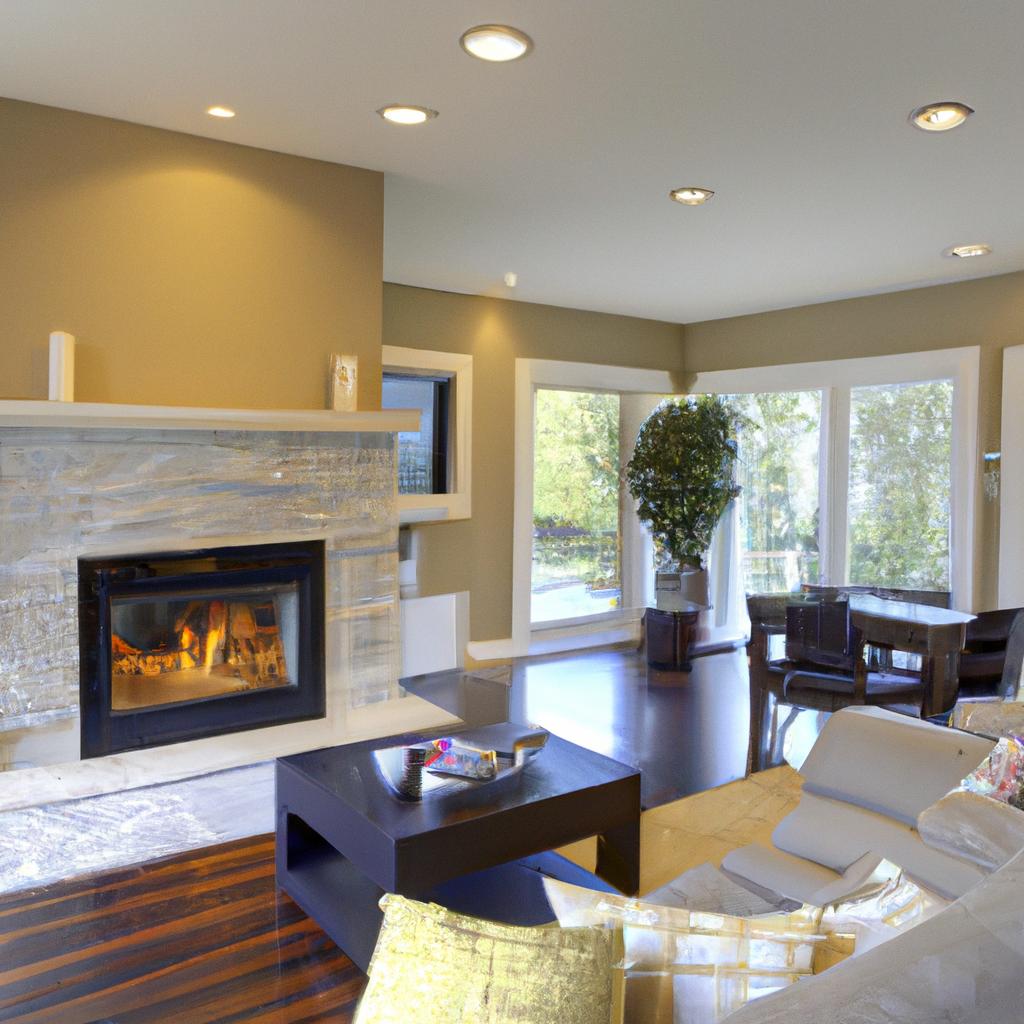 Create a cozy atmosphere with a Casa Stone fireplace and hardwood floors