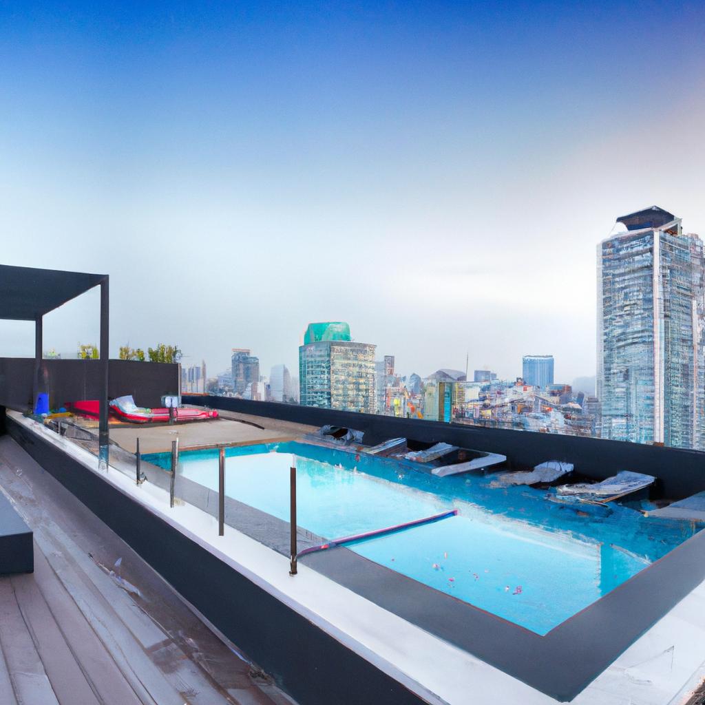 Experience luxury living in a modern no-tel apartment with a rooftop pool.