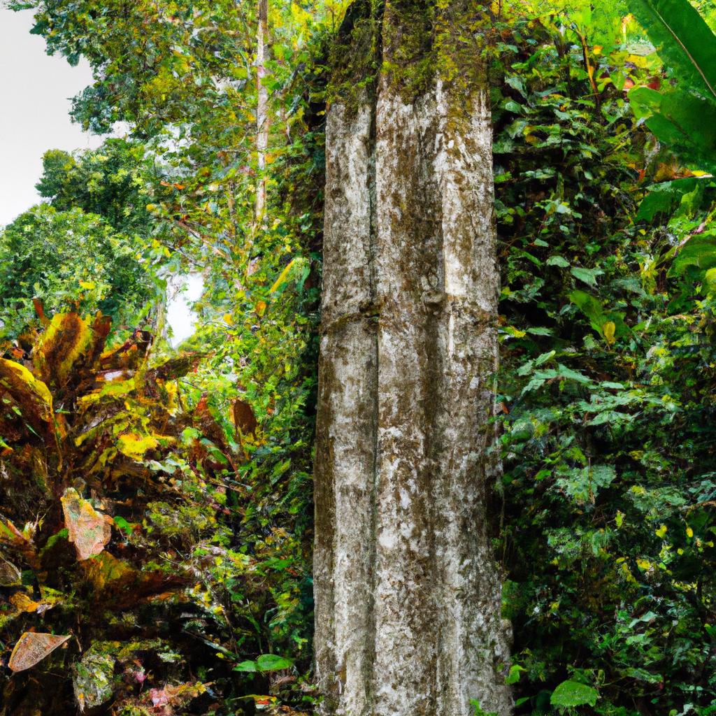 A monolith pillar amidst the vibrant flora of a tropical rainforest