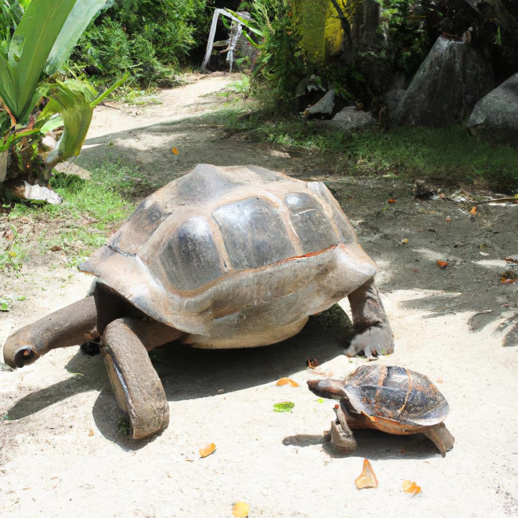 A heartwarming sight of a mother tortoise and her baby taking a stroll in Seychelles.