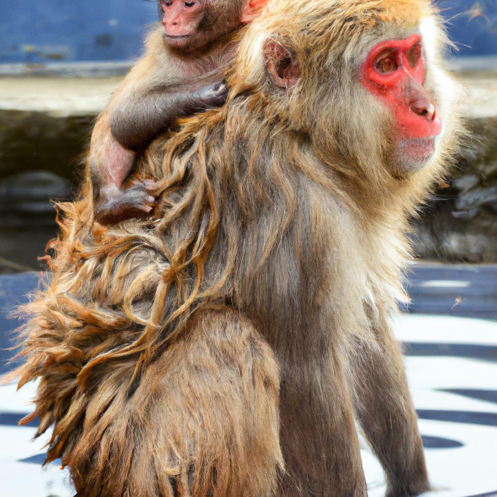 Japanese water monkey mothers carry their babies on their backs to protect them from danger